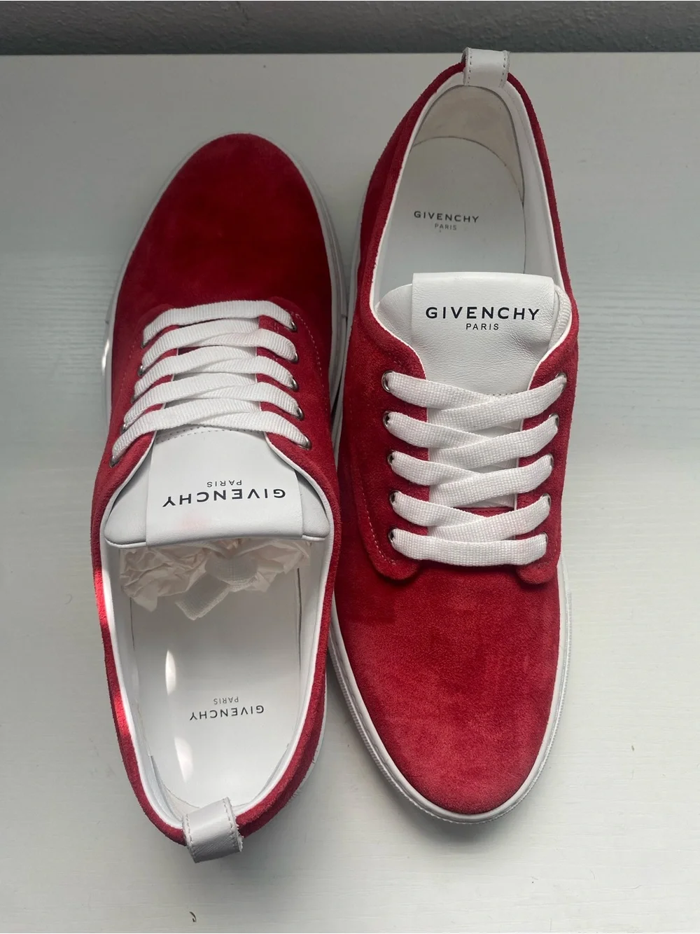 Givenchy Men’s Red Suede Low-Top Sneakers with White Accents